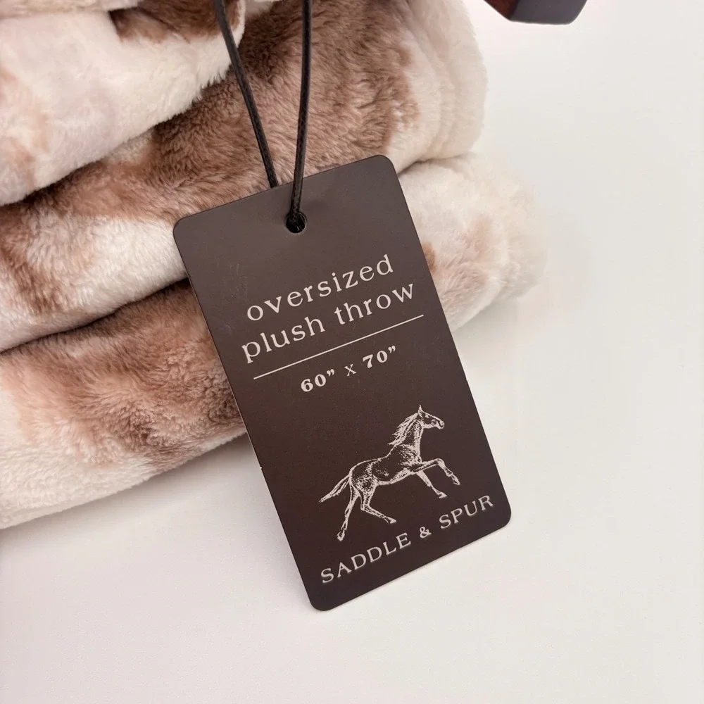 Saddle & Spur Oversized Plush Throw Blanket 60x70 Galloping Horse Brown Cream